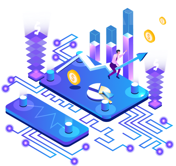 Ilustração de um circuito com gráficos, indicador de gráfico subindo juntamente com uma pessoa em cima dela, e símbolos do dollar espalhados. Atrás desse circuito, tem a palavra escrita 'Programática'. 