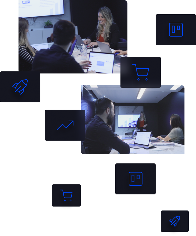 Imagem que contém duas fotos de pessoas reunidas em um escritório conversando juntamente com ilustrações de ícones como: foguete, carrinho, indicador de crescimento de gráfico e de uma planilha.