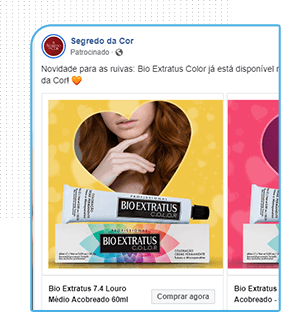 modelo de anúncio patrocinado do facebook campanha Bio Extratus-Segredo da Cor