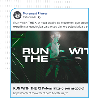 Anúncio patrocinado do facebook da Moviment Fitness. Mulher correndo na esteira X 