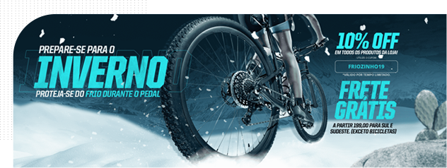 banner de site de bikes e acessórios para pedalar mostra um ciclista pedalando no inverno. Oferece frete grátis e descontos.