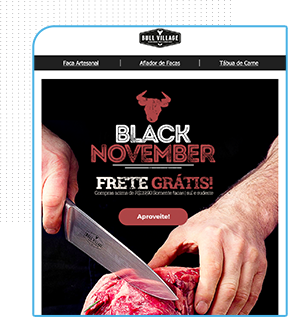 modelo de e-mail marketing loja de facas, mostra uma pessoa cortando uma carne vermelha